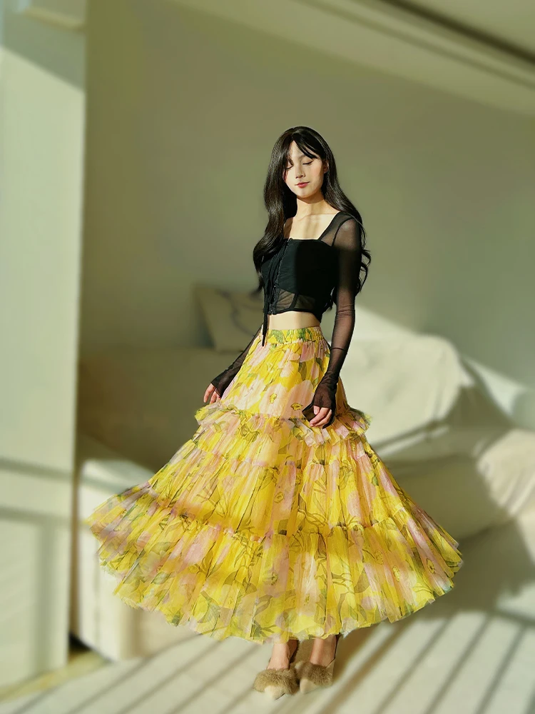 

TIYIHAILEY-Women's Long Mid-Calf Mesh Skirt, Elastic High Waist Layer Skirts, Flowers Ball Gown, Fashion,Yellow Ladies Skirts