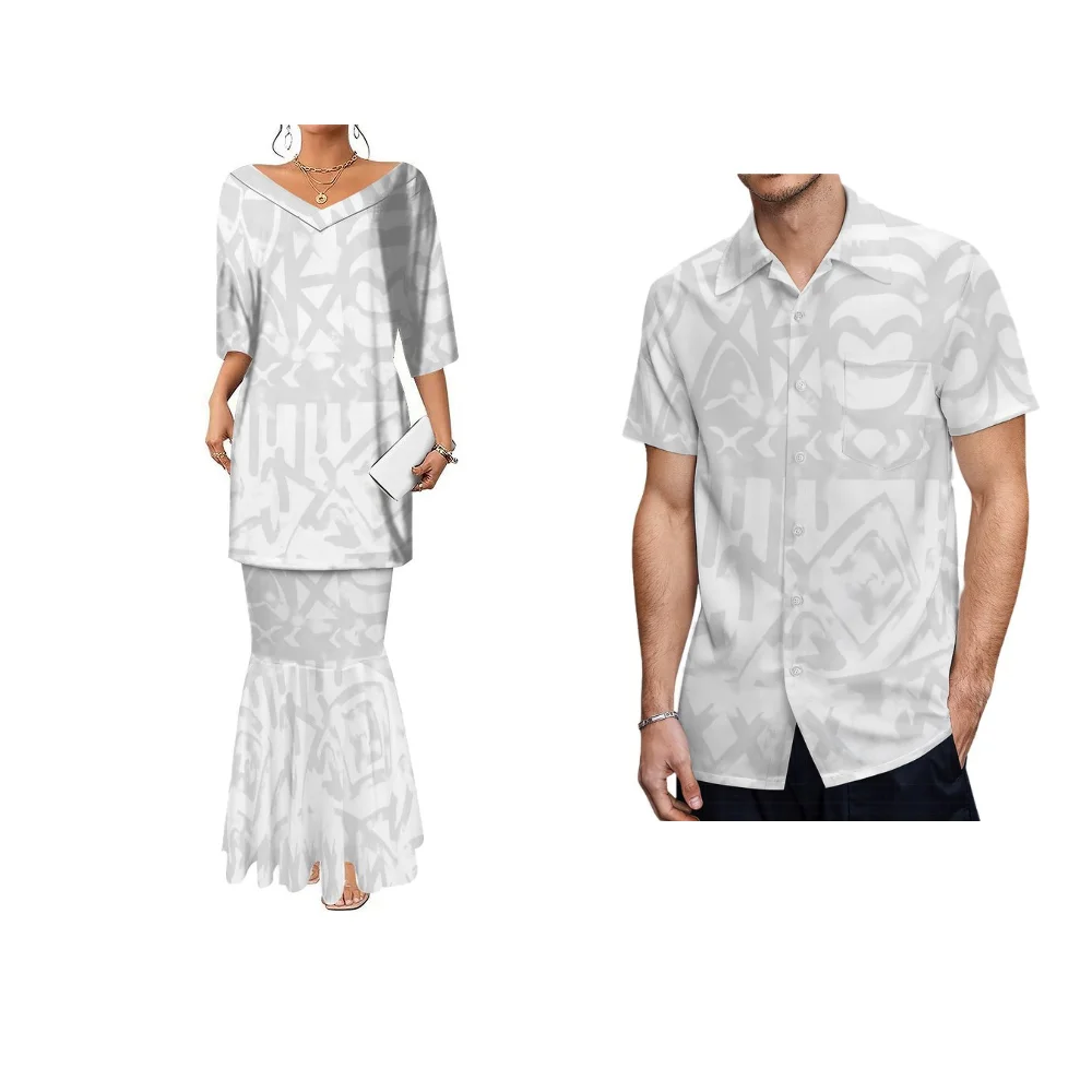 2024 New White Suit Couples Party Party Outfit White Dress Shirt With Polynesian Traditional Patterns Custom White Sunday Dress