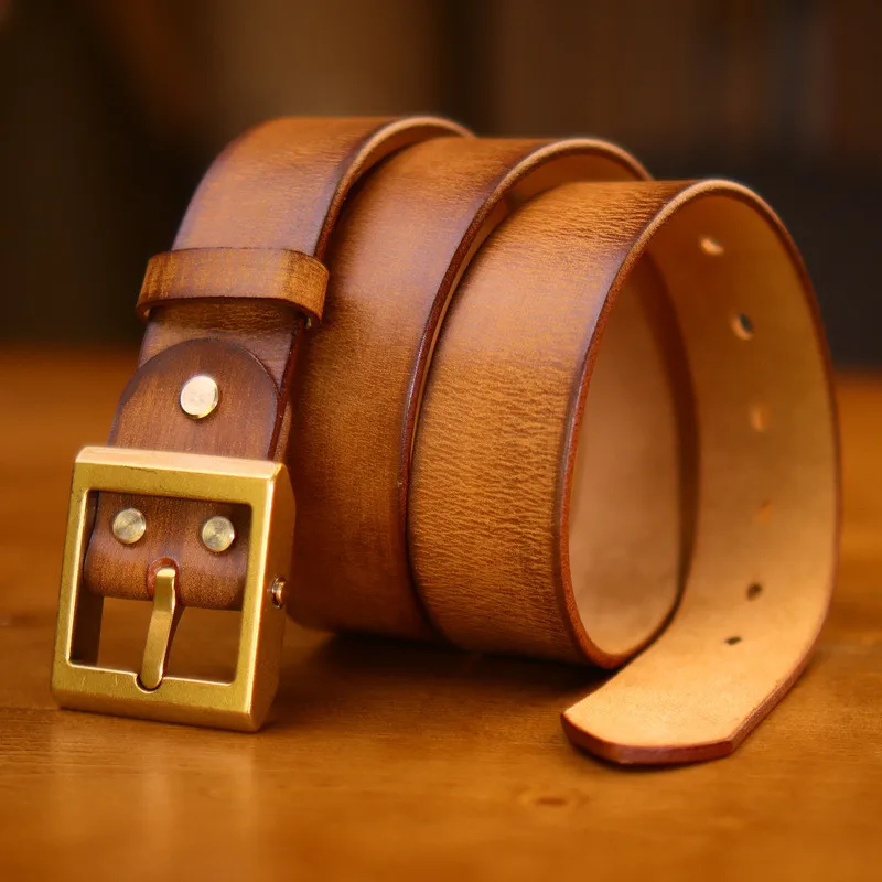 Tough Guy Estilo Quadrado Cabeça Fivela De Cobre Puro Cinto Couro De Gado Casual Pin Buckle Designer De Luxo Couro Genuíno Jeans Cinto