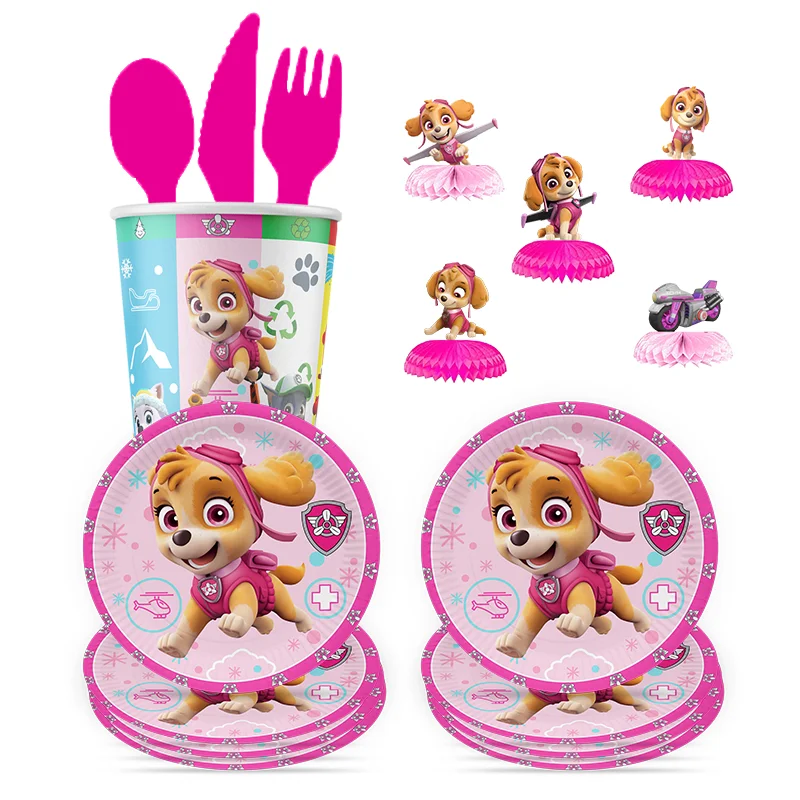 

Paw Patrol Pink dog Birthday Skye Theme Party Decorations Tableware Set Paper Plates Cups Background Kid Party Supplies