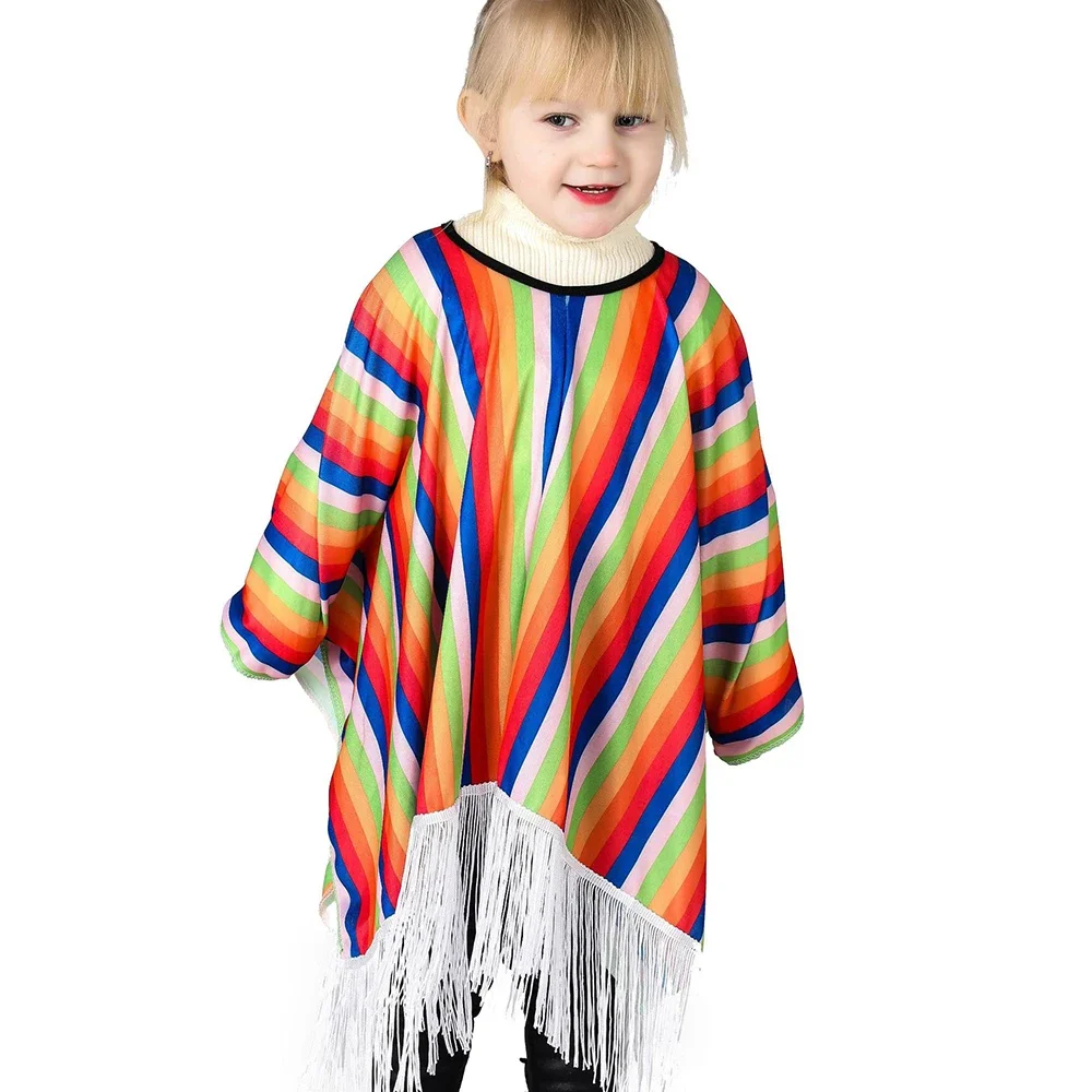 Sydanne Kids Holiday Party Mexican Costume Cloak Ethnic Style Clothes Boys Girl Colorful Striped Cape Cosplay Halloween Costumes