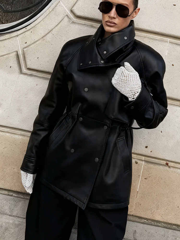 المرأة خمر فو سترات من الجلد مزدوجة الصدر الوقوف طوق سليم بولي Coats معاطف الخريف الشتاء موضة شارع العليا جاكيتات