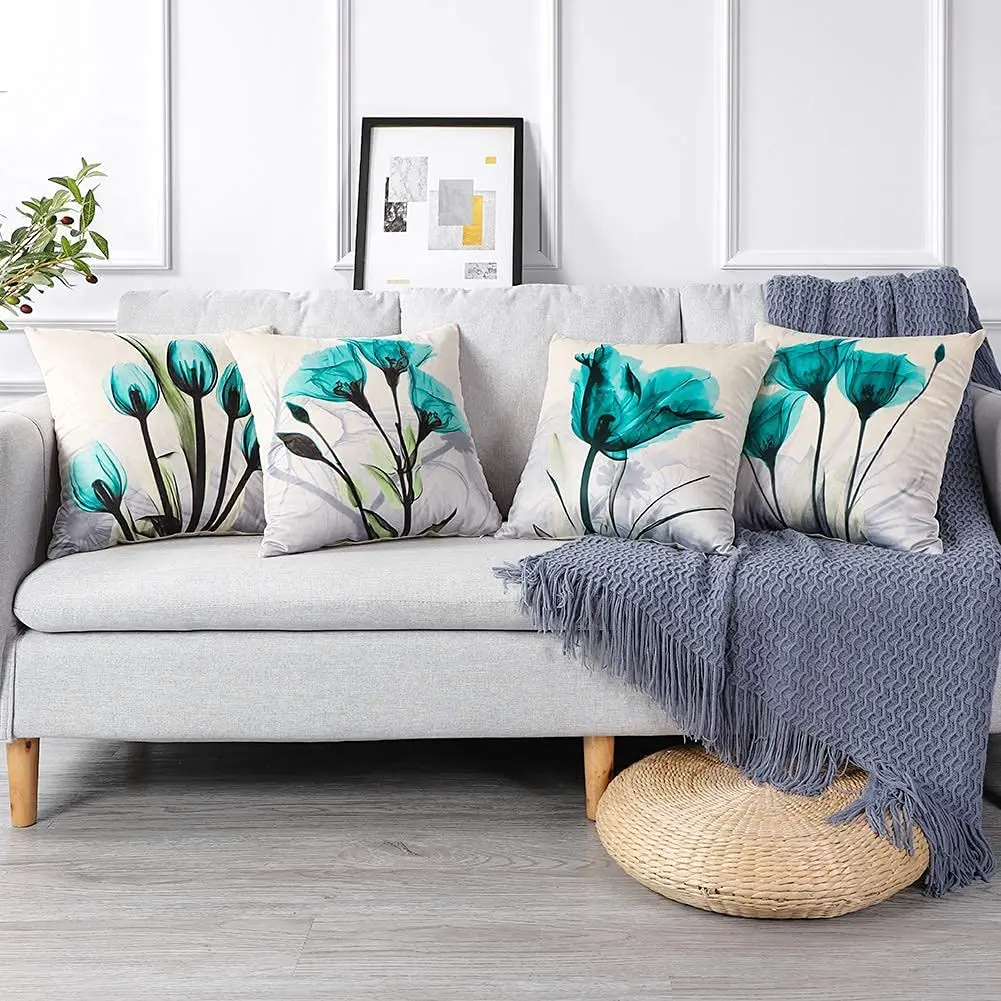 Cyan Watercolor Flower Linen Cushion Cover Upholstery, Pillowcase Home Decor, For Sofa, Car, Bedroom 40x40 45x45 50x50 60x60