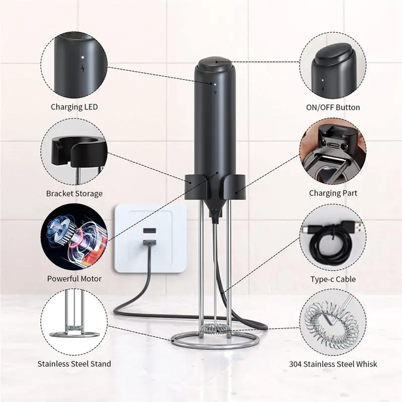 2026 + رغوة الحليب القابلة لإعادة الشحن محمولة مع حامل، رغوة القهوة الكهربائية، خفق كهربائي، خلاط مشروبات محمول