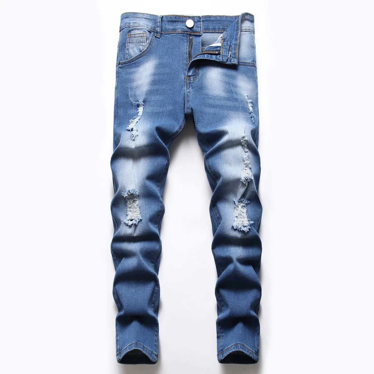 

Denims Boy Hole Jeans Straight Pants Ripped Washed Distressed Stretch Mid Waist Pockets Big Kids 2025 Casual Children Trousers