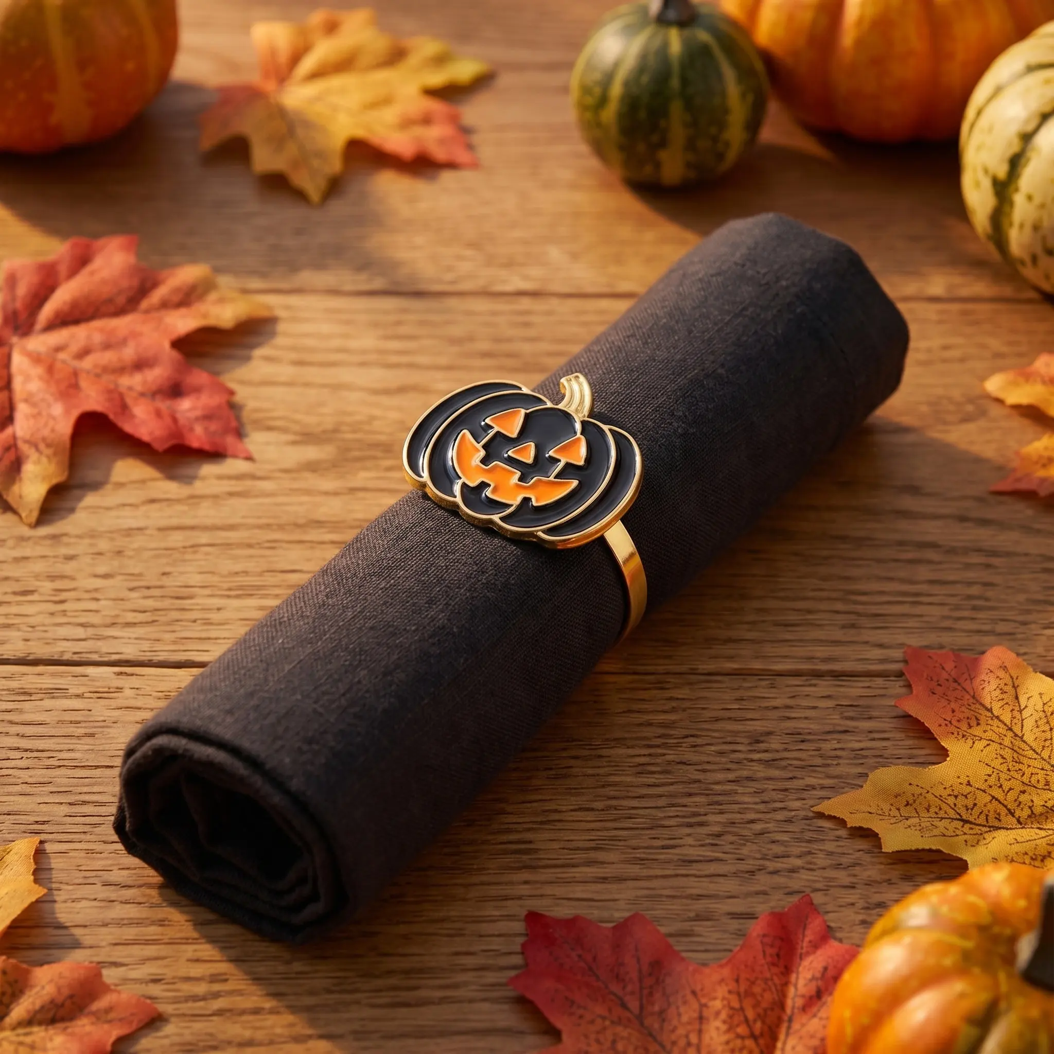 6Pcs Halloween Pumpkin Napkin Rings Metal Black Pumpkin Table Setting Accessories Autumn Harvest Dinnerware Holders Halloween