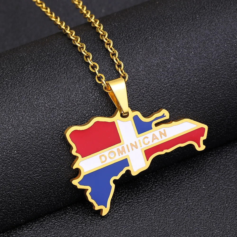 Gold Enamel Dominican Republic Map Silver Plated Pendant Necklace For Women Men Flag Of Dominica Jewelry