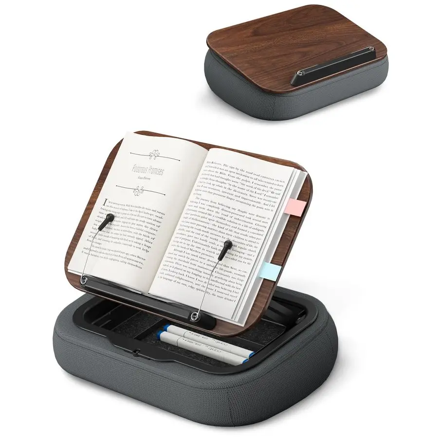 

Lap Book Pillow Stand with Storage, Adjustable Beanbag Reading Pillow with Dark Wood Panel, MultiAngle Book Holder for HandsFree