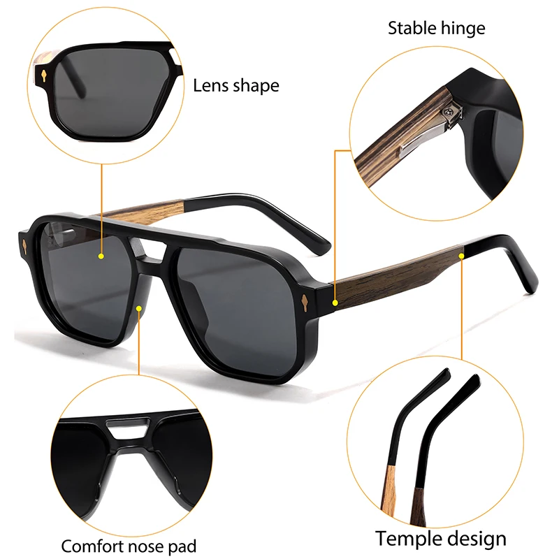 CATERSIDE Fashion Men Polarized Sunglasses Retro Luxury Brand Design Solid Wood Temple Sun Glasses Women Driving Party Glasses