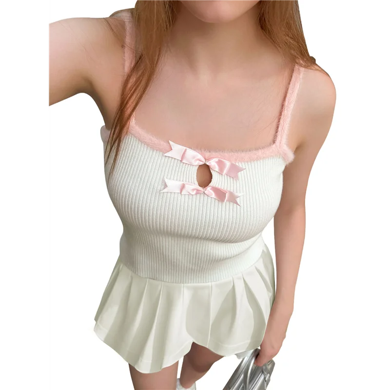 Women's Tank Tops Cute Slim Fitted Ribbed Knit Bow-Summer Square Neck Sleeveless Going Out Tops