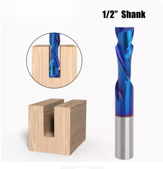 10Pcs Carbide Mill Tool Cutters 3.175/4/6mm 2 Flutes Blue UP And DOWN Cut Nano Coating for CNC Router Compression Wood End Mill