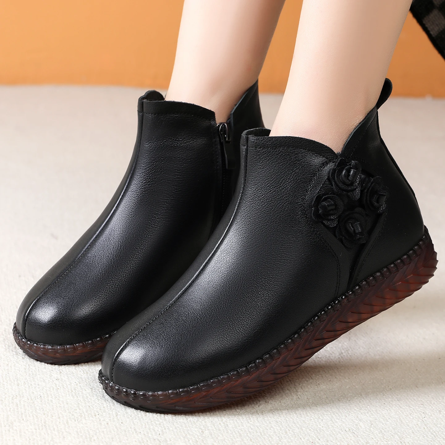 comfortable-soft-bot-real-leather-mom-oes-women's-flat-bot-booties-winter-warm-ort-boots-round-toe-zipper-closure