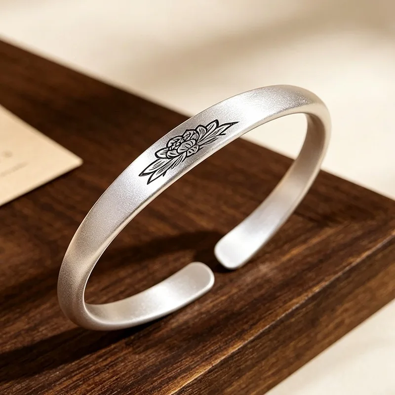 Vintage Art Lotus Chinese Style 925 Sterling Silver Resizable Opening Bracelet For Women Fine Bangle Luxury Jewelry BR408