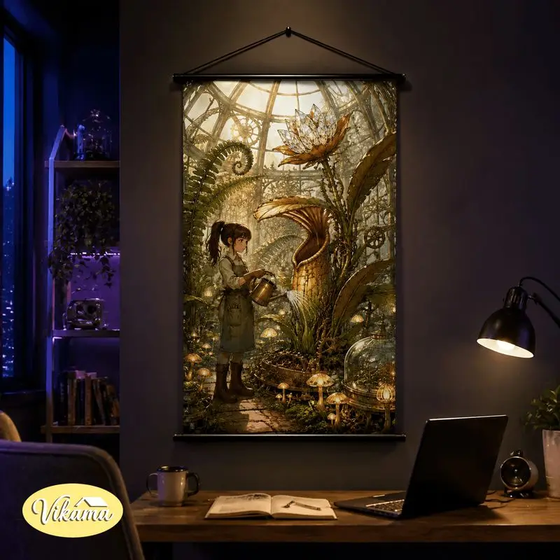 VIKAMA Steampunk Anime Girl Tapestry Vintage Gear Plant Art Wall Hanging Bedroom Living Room Aesthetic Home Decor