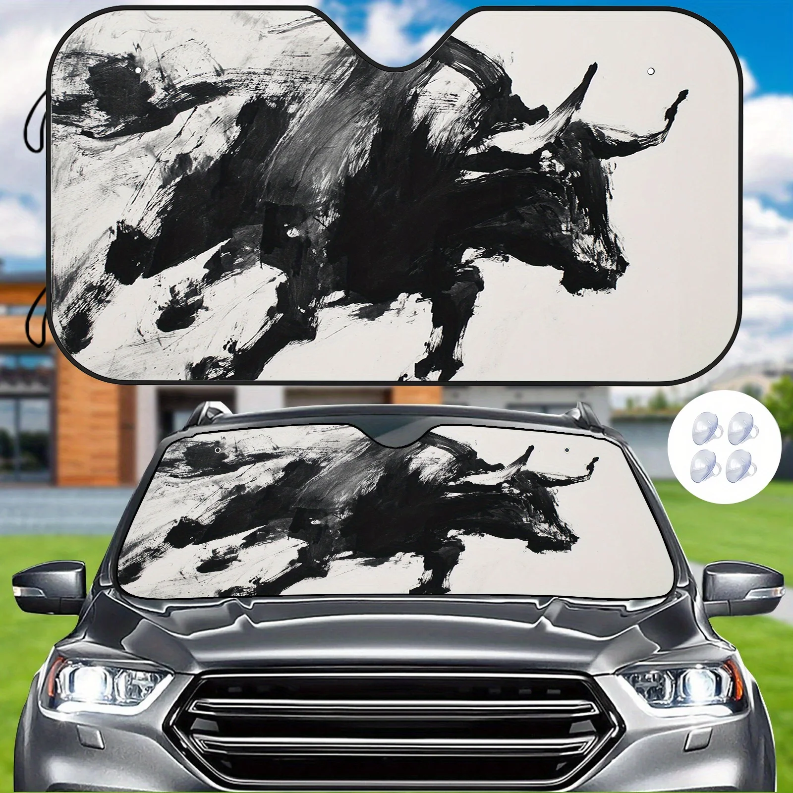 

Автомобильный солнцезащитный козырек с рисунком чернильного быка, теплоизоляция и защита от солнца, витрины для внутреннего художника, включает 4 присоски, китайский