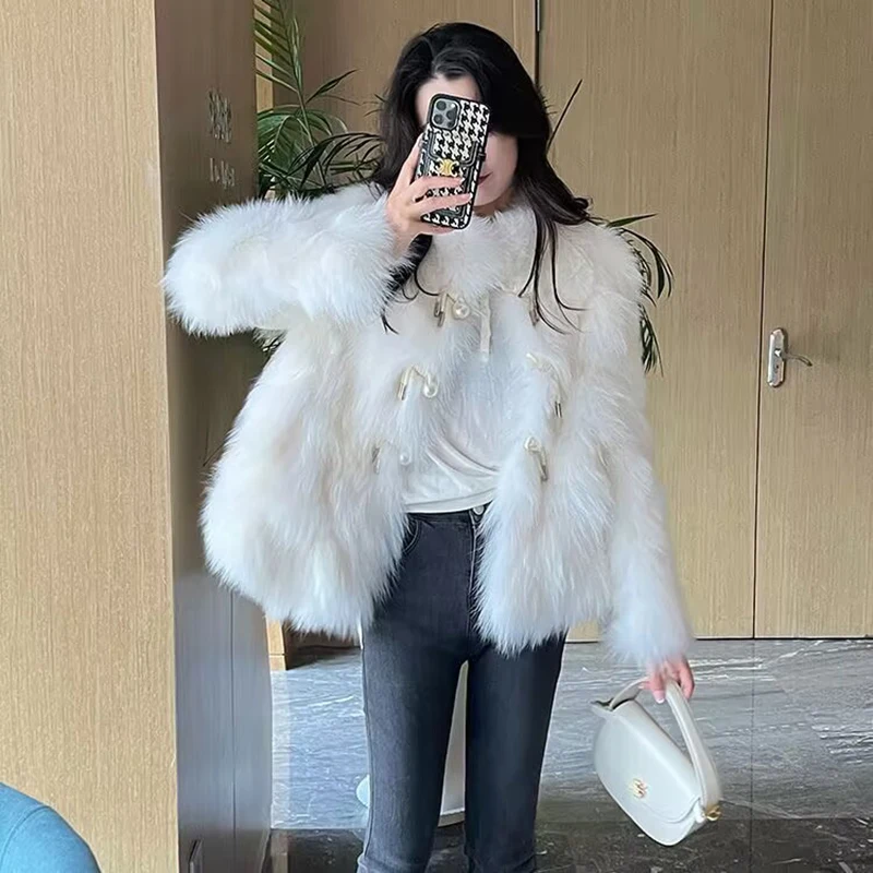 Gidyq Women Faux Fox Fur Coats Elegant Korean Fashion Pearl Button Plush Jacket Female Thick Warm Loose Overcoat Winter New