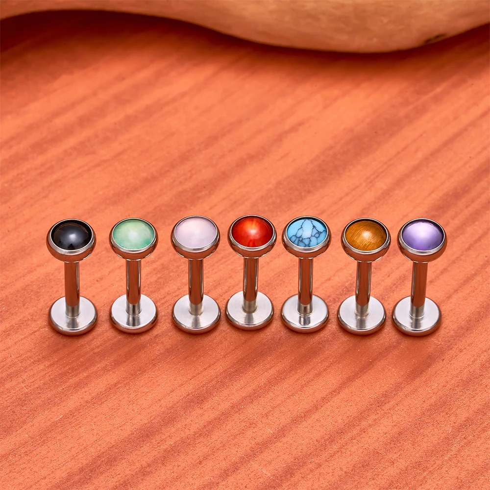 10Pcs G23 Titanium Circular Ear Lip Studs with Natural Stone Top Labret Tongue Nose Stud Earrings Body Piercing Jewelry