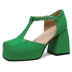 Sexy Women's Block High Heels Mary Janes Shoes Summer Pumps Black White Green Red Heeled Party Wedding Shoes Female Large Size