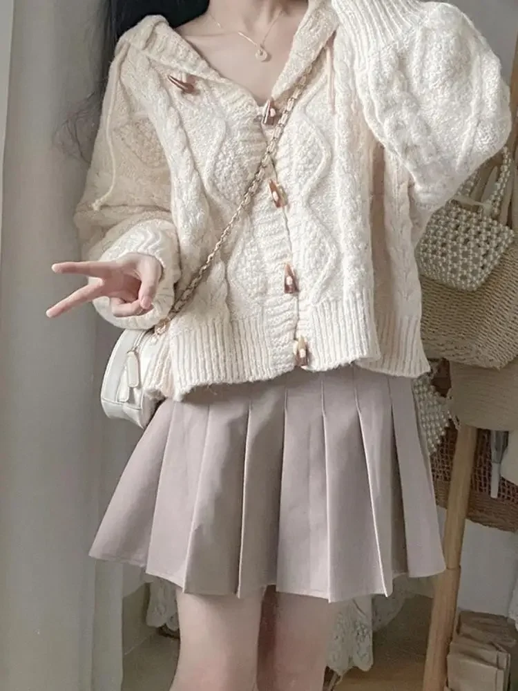 Fashion Simple Y2k Sweaters Hooded Solid Color Long Sleeve Autumn Knit Short Cardigan Preppy Style All Match Women Clothing 2023