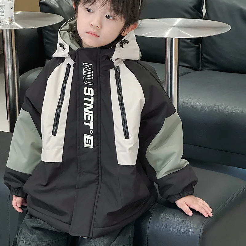 Thicken Coat For Children Boy Winter Cotton Padded Spliced Kid Boy Hooded Parkas Windproof Letter Printed 2-10Y Boys Warm Jacket