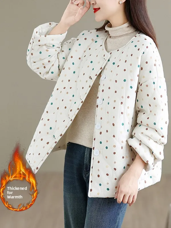 Jaet – manteau chaud en coton Ultra doux à pois pour femme, coupe ample, rétro, Long, Sve rond, fermeture à bouton unique, hiver