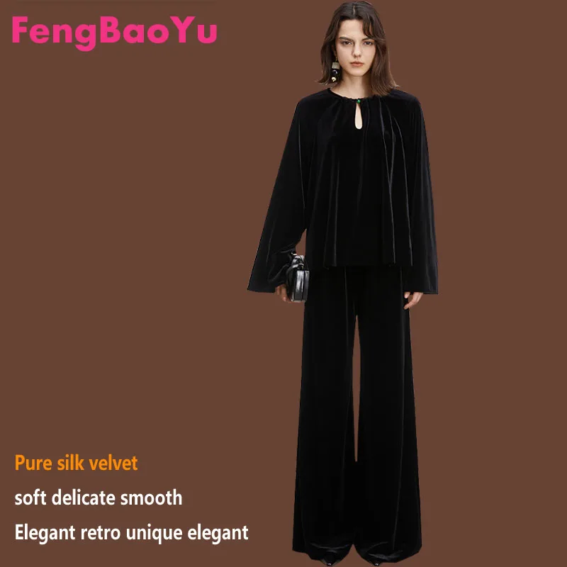 

Fengaoyu Luxury Silk Velvet Women's Set - Elegant Shirt and Pants 2 Pieces Elegant Simple Fashionable Urban Women's Clothing