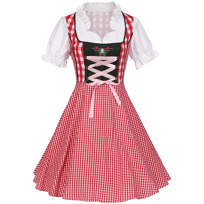 Kobiety ubierają niemiecką imprezę piwną tradycyjne bawarskie kostiumy na Oktoberfest Halloween Lady karnawałowy festiwal dla dorosłych w kratę duża huśtawka