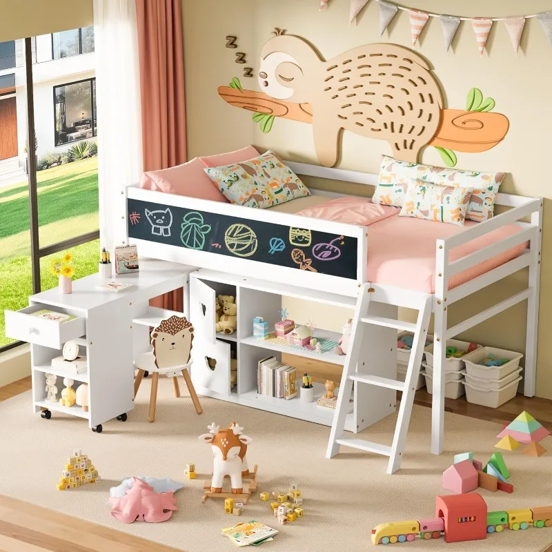 

Low Loft Bed with Desk, Solid Wood Twin Low Loft Bed with Storage Cabinet, Blackboard, Ladder and Guardrail