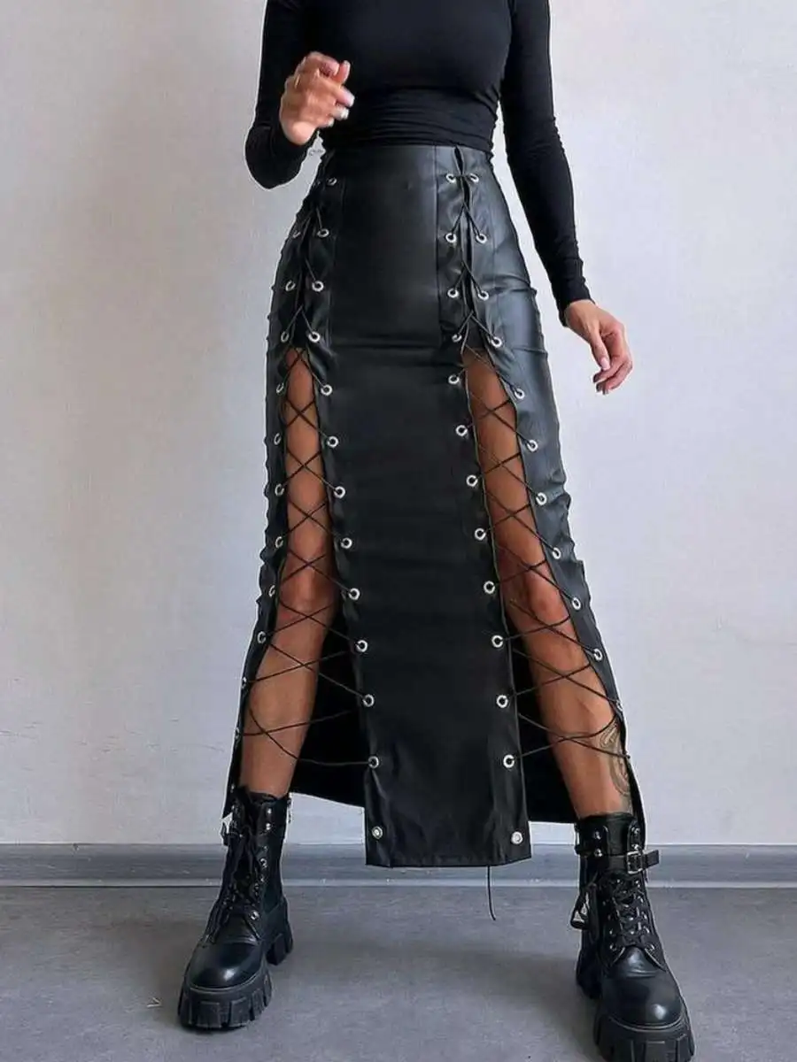 

Женская облегающая юбка-полусолнце из искусственной кожи с разрезом и поясом, весенняя коллекция, для трансграничной торговли