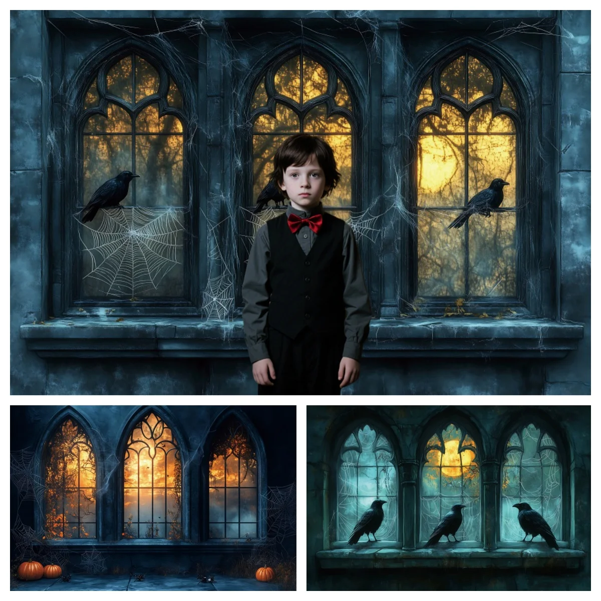 Halloween Photography Backdrop Deep Blue Moon Night Medieval Gothic Room Window Kids Family Portrait Decoration Photo Background