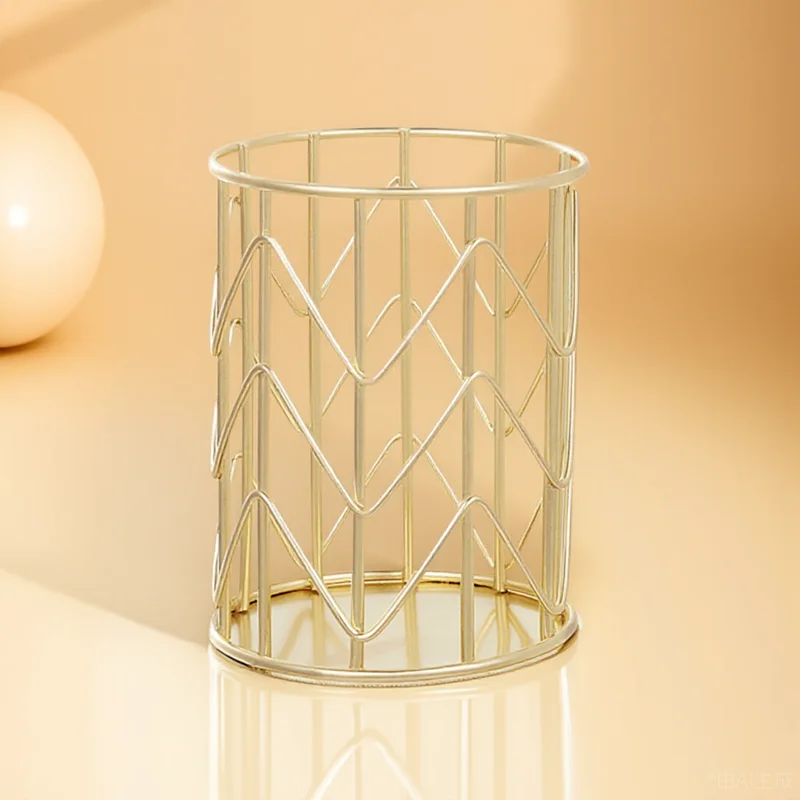 

1pc Gold Plated Iron Pen Holder Desktop Organizer Makeup Brush Container Storage Box For Office Home Decor
