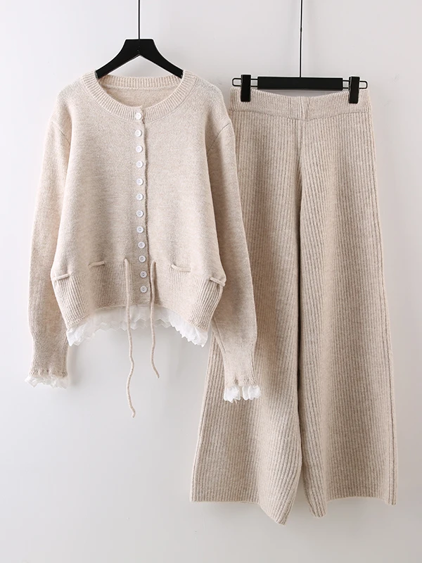 

Korean Style Ruffle Splice Knitted Sweater with Belt Autumn Winter Fashion Loose Wide Leg Pants Set Women's Fashion Ensemble