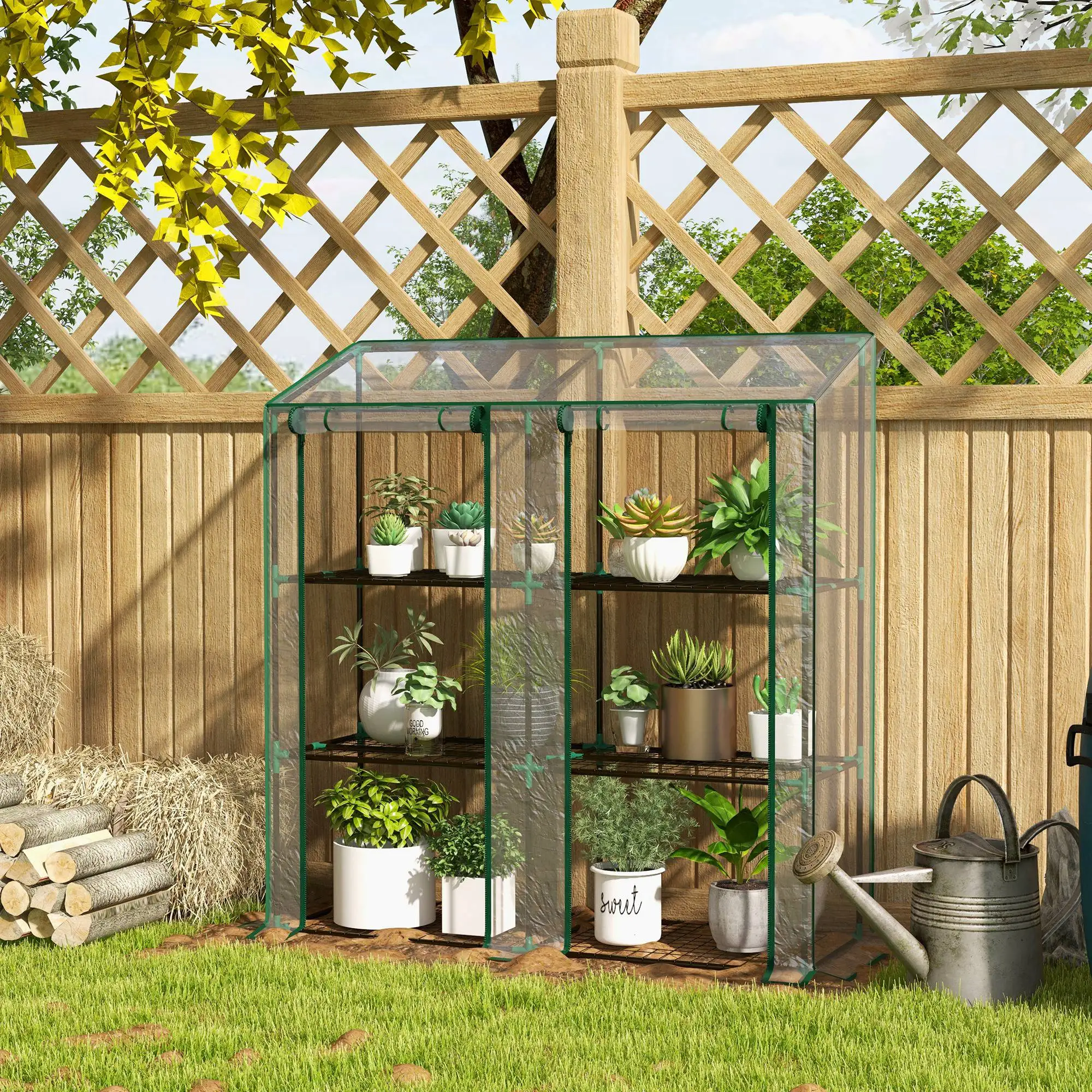 

Портативная мини-теплица Lean To Greenhouse с 3-ярусными полками для улицы, с рулонными дверями на молнии, 56.3x18.1x59.4 дюйма, прозрачная