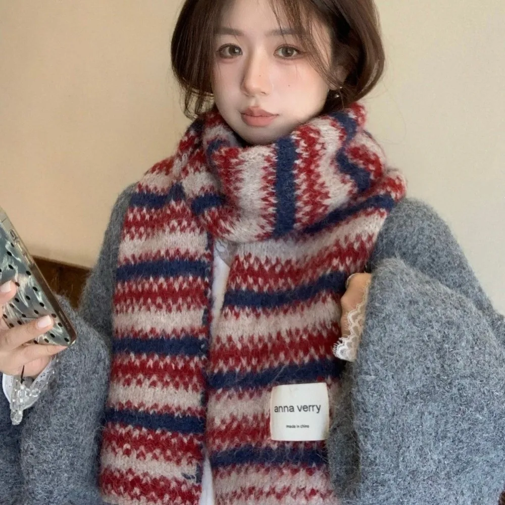 Korean Style Soft Striped Knit Scarf 164cm x 30cm Warm Wool Blend Scarf Fleece Lined Scarf Cold Weather