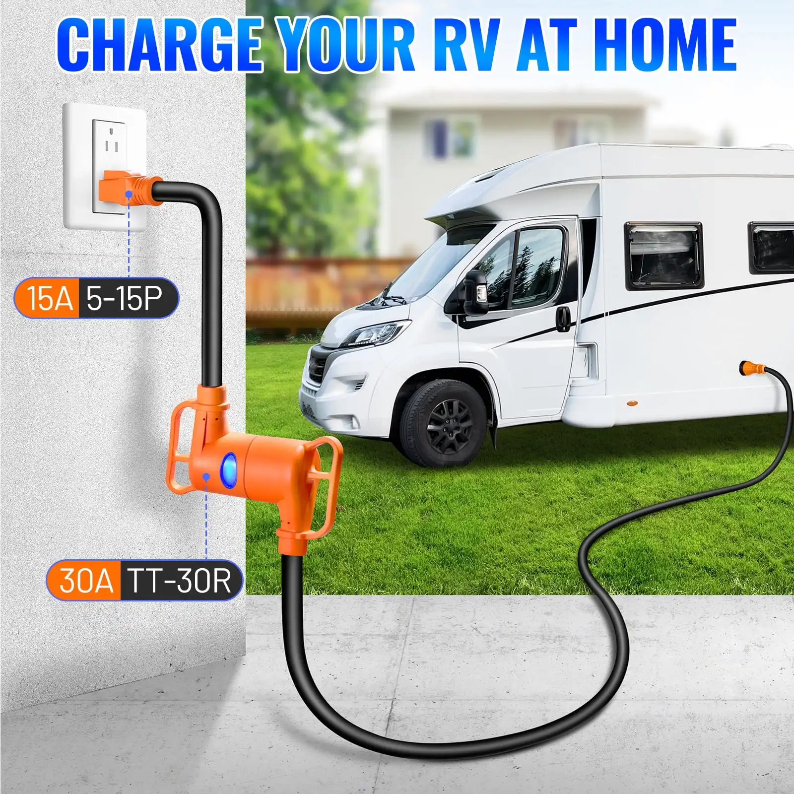 سلك محول طاقة RV من 15A إلى 30A، 10 مقياس من النحاس النقي مع مؤشر LED، قبضة مريحة للمركبات الترفيهية الصغيرة #2