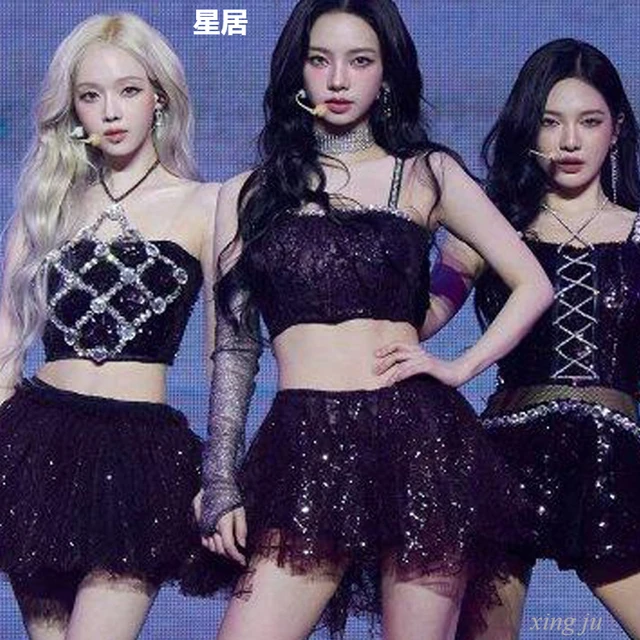 Piosenkarka damska grupa kostiumy do tańca jazzowego cekiny błyszczące topy bufiasta spódnica seksowny klub nocny dziewczyny występ na scenie Kpop stroje Rave