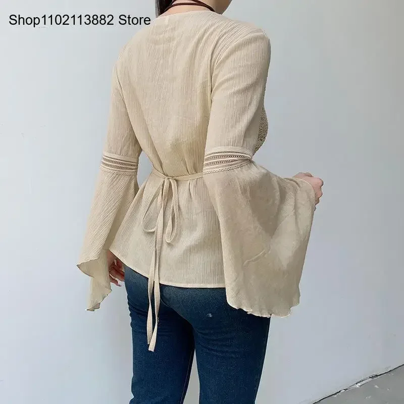 Spring and Autumn Retro Casual Waist Collection Pure Cotton Commuter Mesh Splice Lace Up Flare Sleeves V-Neck T-Shirt