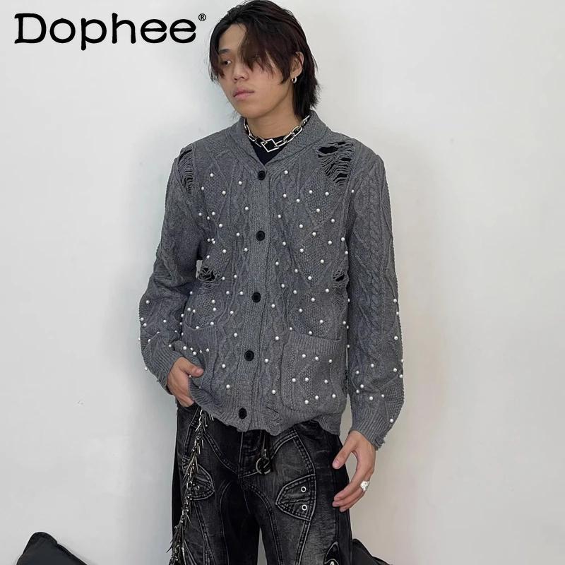

Men Women 2025 Autumn New Chic Knitwears American Style Retro Pearl Design Sweaters Fashion Hollow Out Trendy Knitted Cardigan
