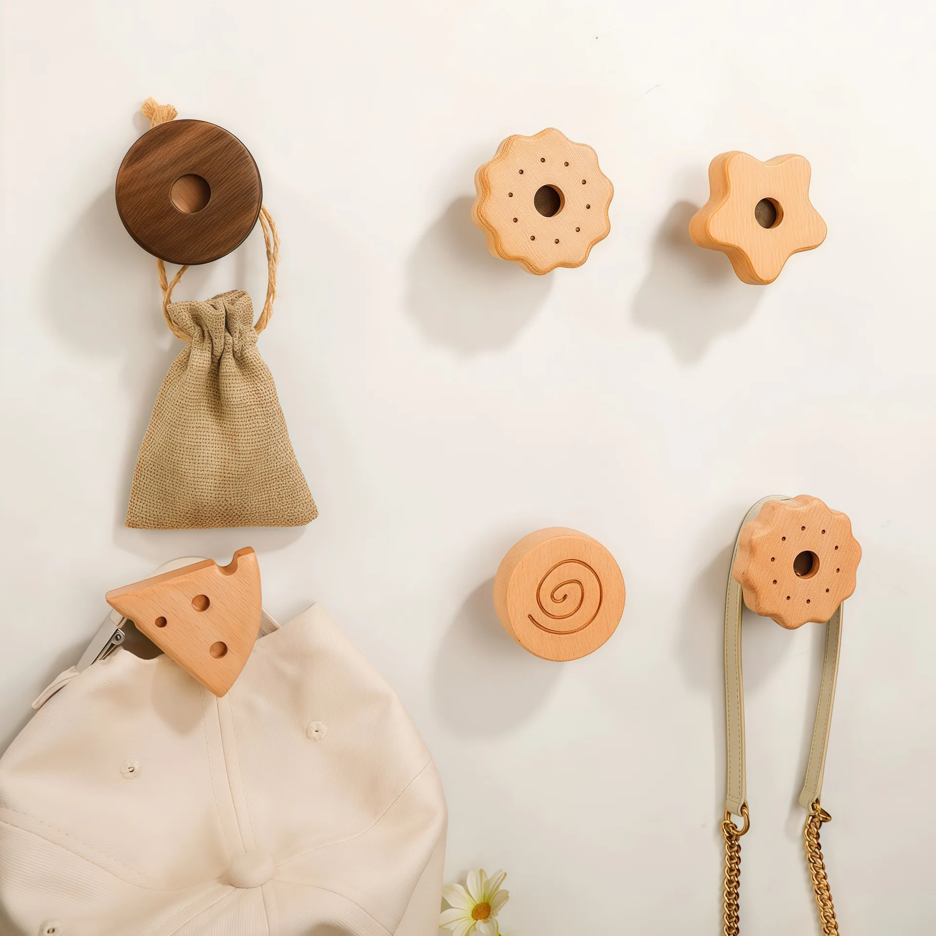 Cute Cartoon Biscuit Wooden Pulls Kids Log Handles for Drawer Wardrobe Shoe Cabinet Modern Simple Furniture Door Knobs