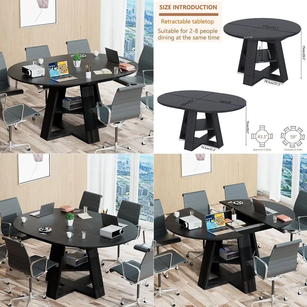 Extendable Round Conference Table for 46 People,Wooden Oval Meeting Room Table with Removable Leaves,Space Saving,Office Table