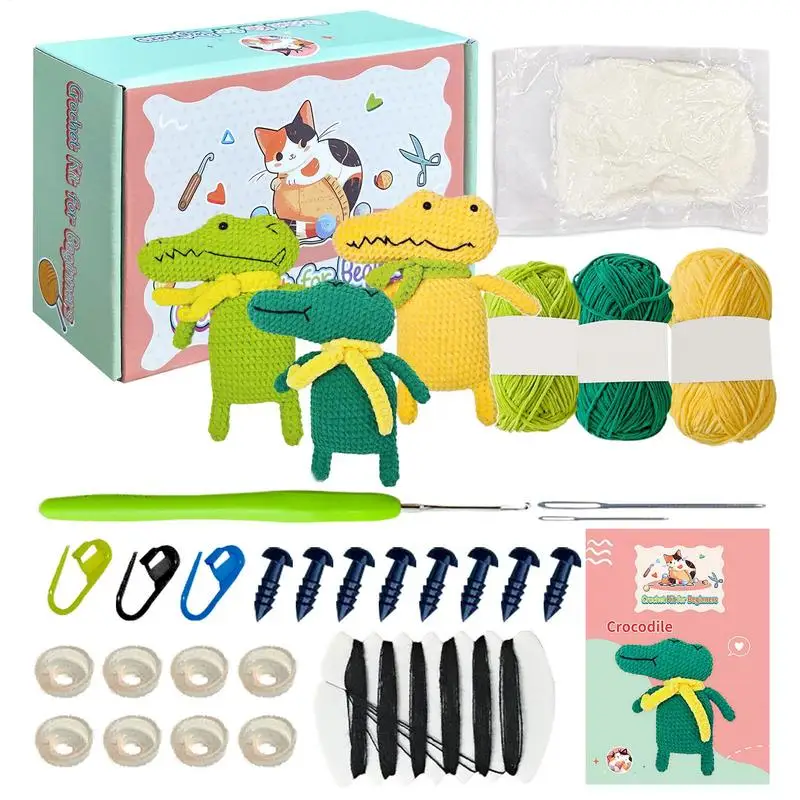 Beginner Crochet Kit For Kids Art Supplies Knitting Crochet Kits Cartoon Crocodile Crocheting Kit With Step-By-Step Tutorials