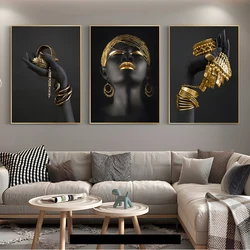 African Woman Home Background Wall Art Canvas Painting Gold And Silver Jewelry In Hand Poster Prints Pictures Room Decor Murals