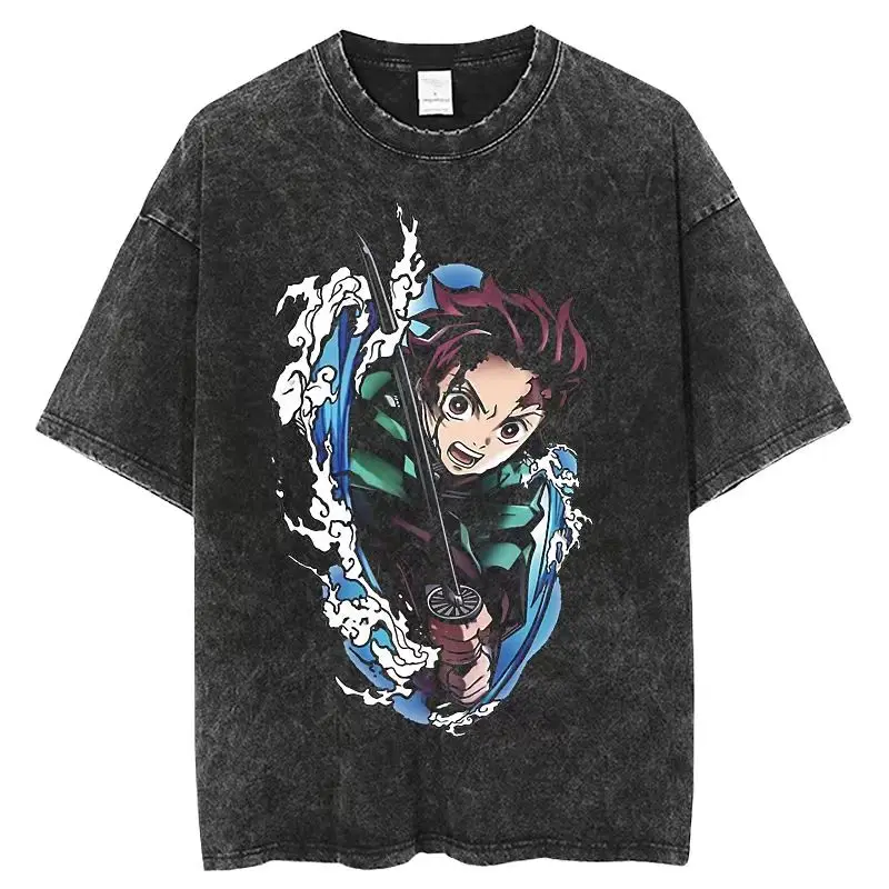 

Anime Demon Slayer T Shirts Vintage Washed Kimetsu No Yaiba T-shirt Oversize Short Sleeve Manga Kokushibou Akaza Douma Tops Tees