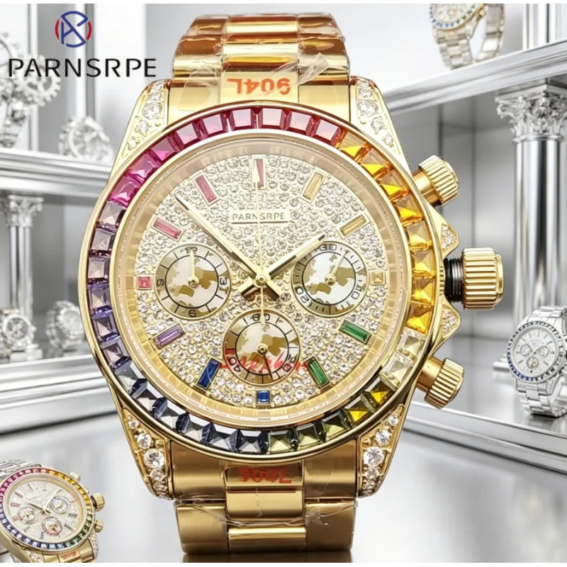 

Gold luxury men's Shi Ying watch, diamond-encrusted design, with metal strap, sapphire glass, high-end men's business VK63 watch