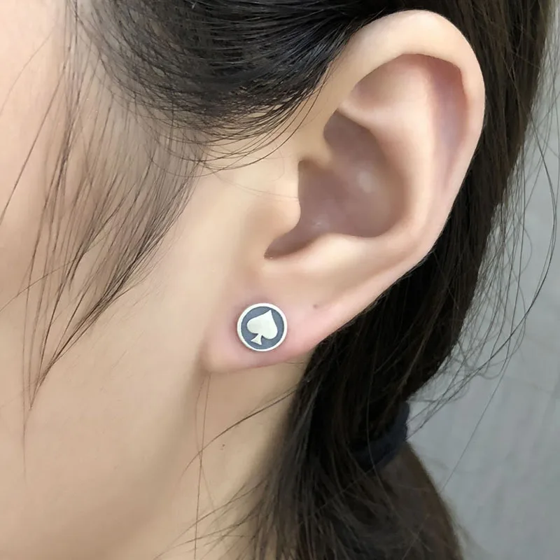 Hip Hop 100% Real 925 Sterling Silver Stud Earrings Heart Earring Women's Piercing Punk Rock Jewelry