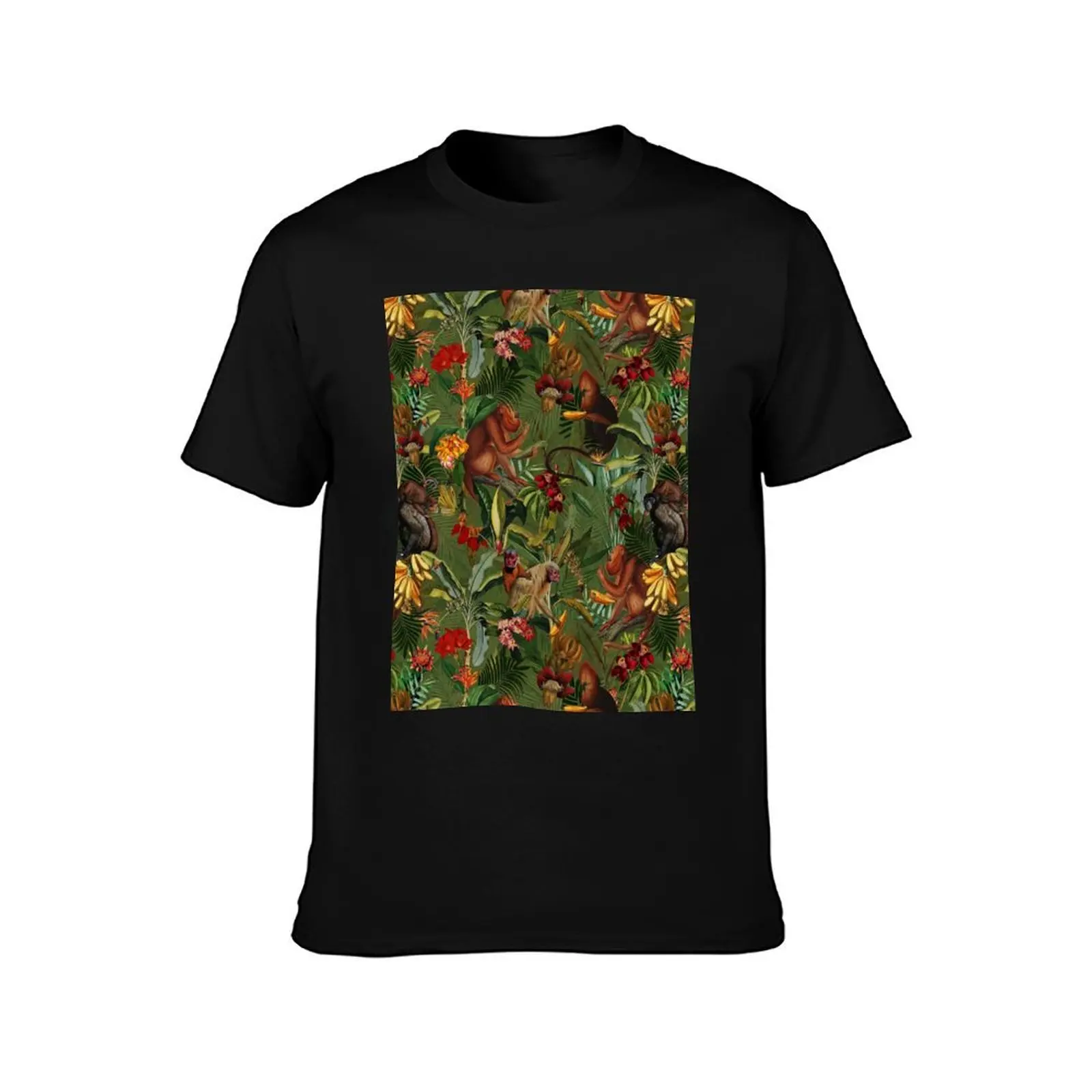 Tropical monkey jungle pattern - dark green Botanical Night Garden T-Shirt Big Size Daily Wear T-Shirt