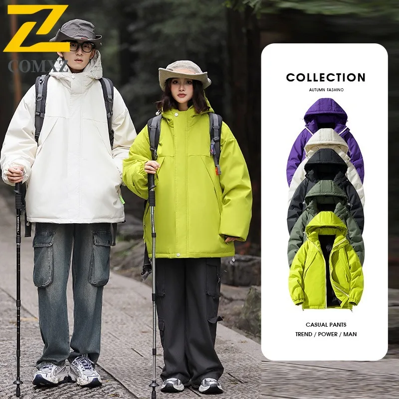 

COMXZ Men Duck Down Mountain Hooded Waterproof Jacket American Style Vintage Winter cotton-padded Outdoor Sport Lightweight Coat