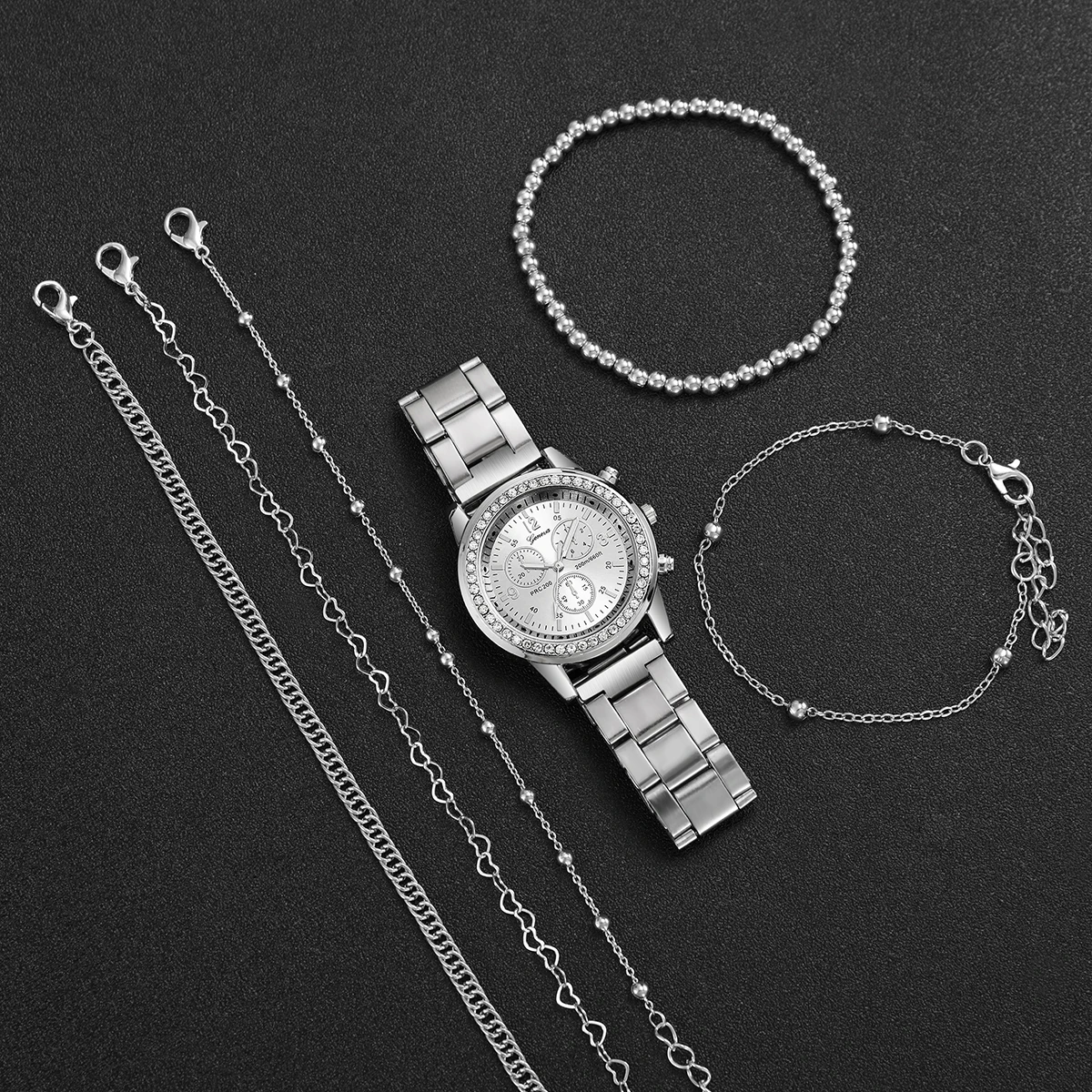 6PCS Women\'s Watch Fashion Rhinestone Stainless Steel Band Quartz Watch Bracelets Set（Without Box）