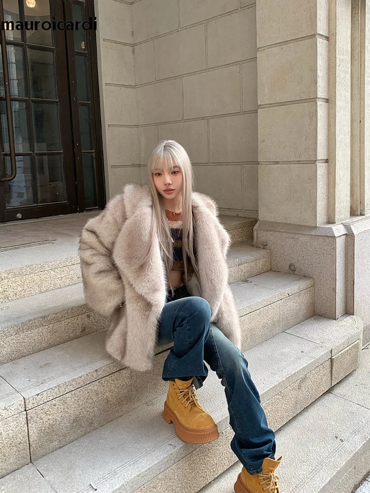 Mauroicardi Winter Thick Warm Hairy Shaggy Soft Faux Fox Fur Coat Women Loose Casual Korean Fashion Fluffy Jacket Cardigan 2024
