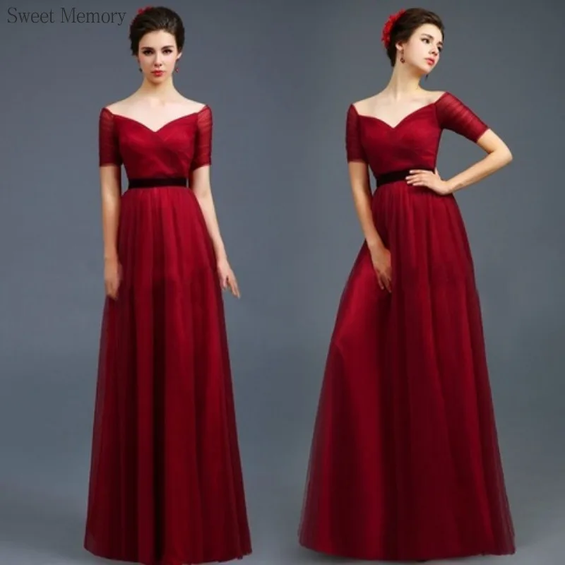 N1140 فساتين السهرة الرسمية رمادي أزرق النبيذ الأحمر الأسود اللباس الحلو الذاكرة أنيقة قصيرة الأكمام الطابق طول فستان حفلات الزفاف